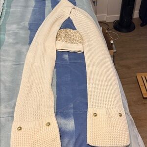 Michael Kors Cream Knit Scarf with Gold Button Accents and Hat